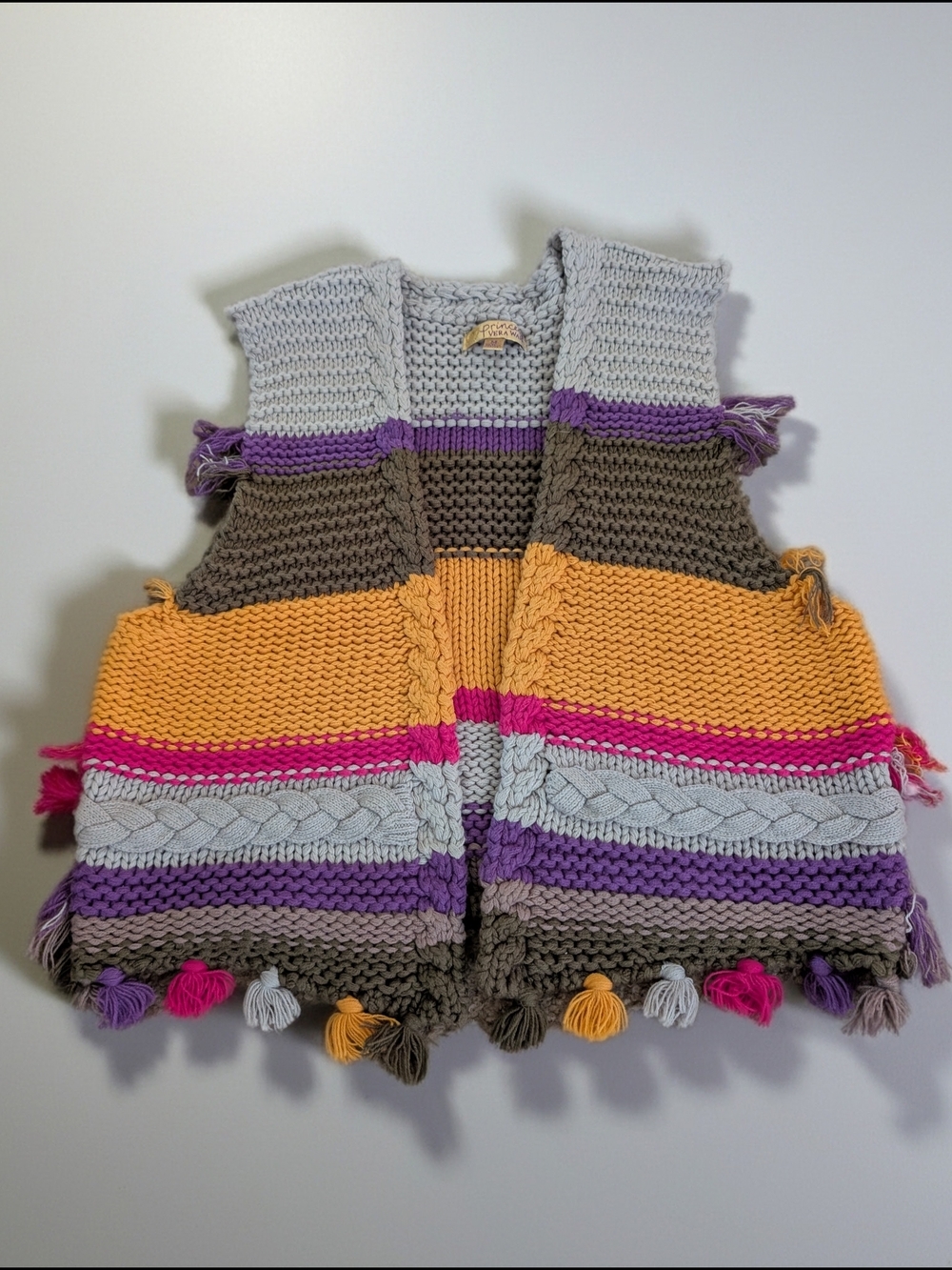 Princess Vera Wang Womens Sweater Vest M Multicolor Striped Chunky Knit Tassel - Picture 1 of 4